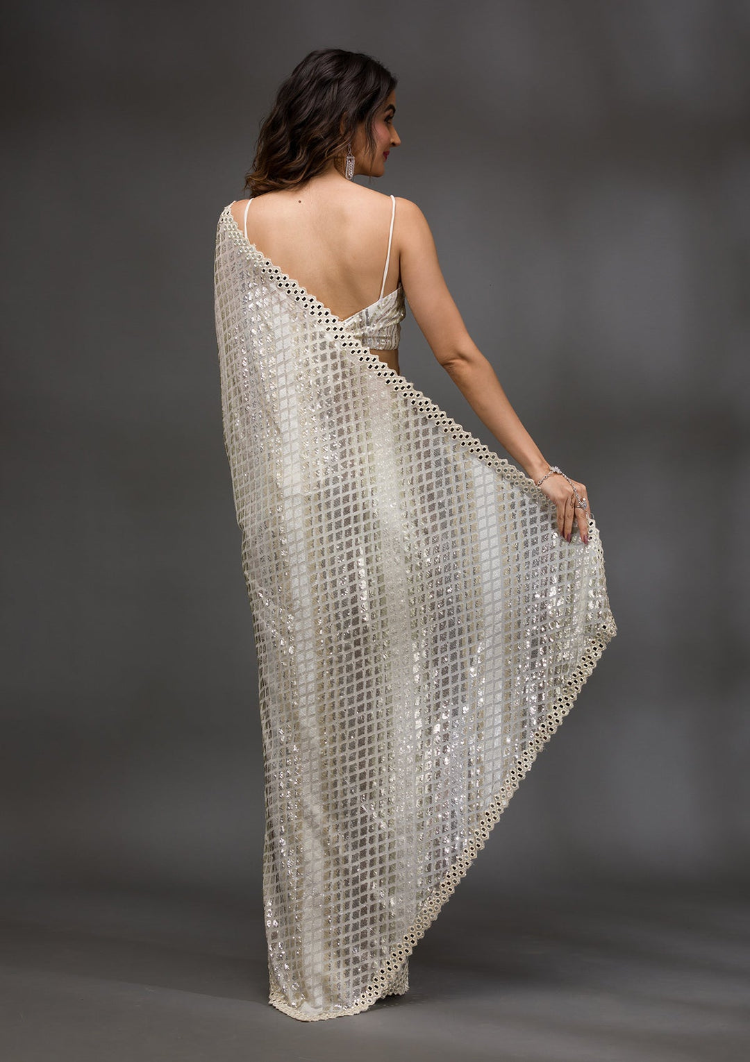 Off White Sequins Georgette Saree-Koskii