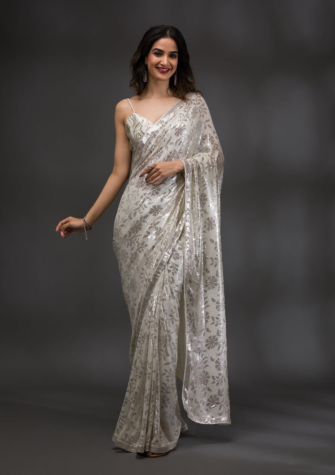 Off White Sequins Georgette Saree-Koskii