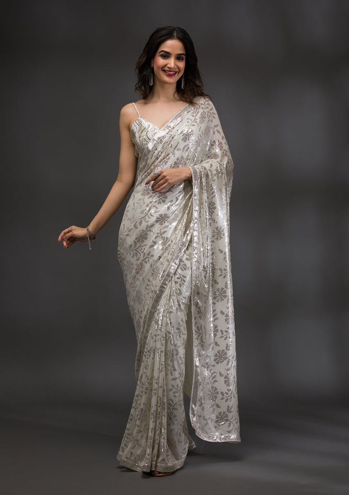 Off White Sequins Georgette Saree-Koskii