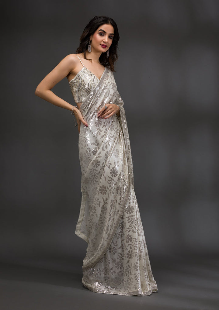 Off White Sequins Georgette Saree-Koskii