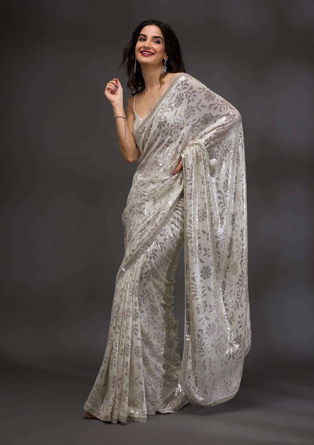 Off White Sequins Georgette Saree-Koskii