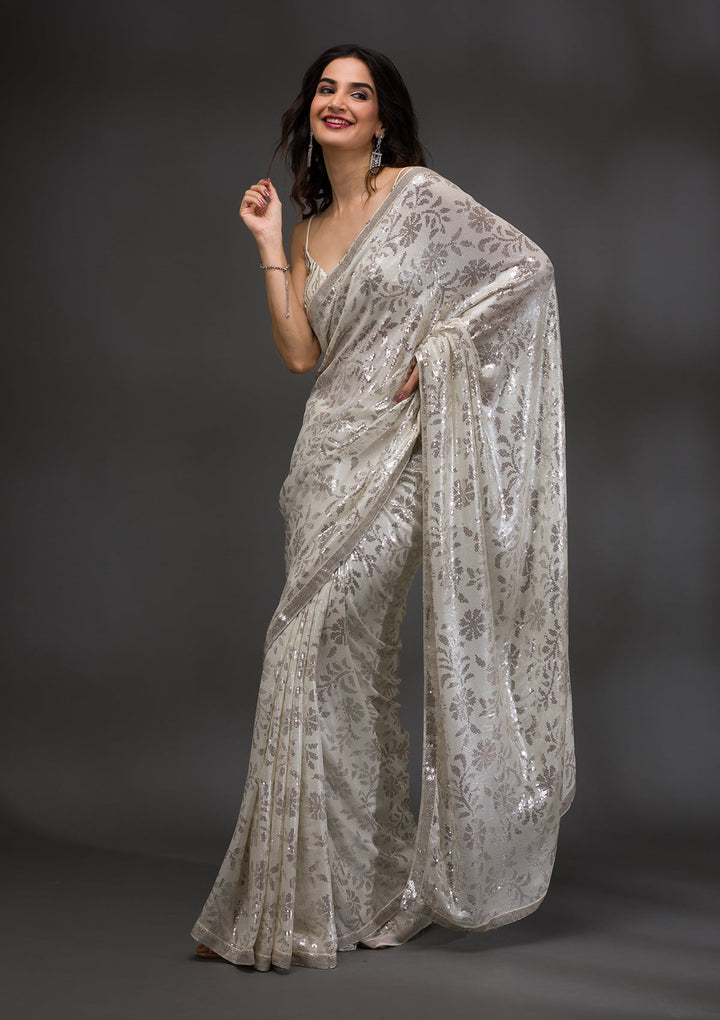 Off White Sequins Georgette Saree-Koskii