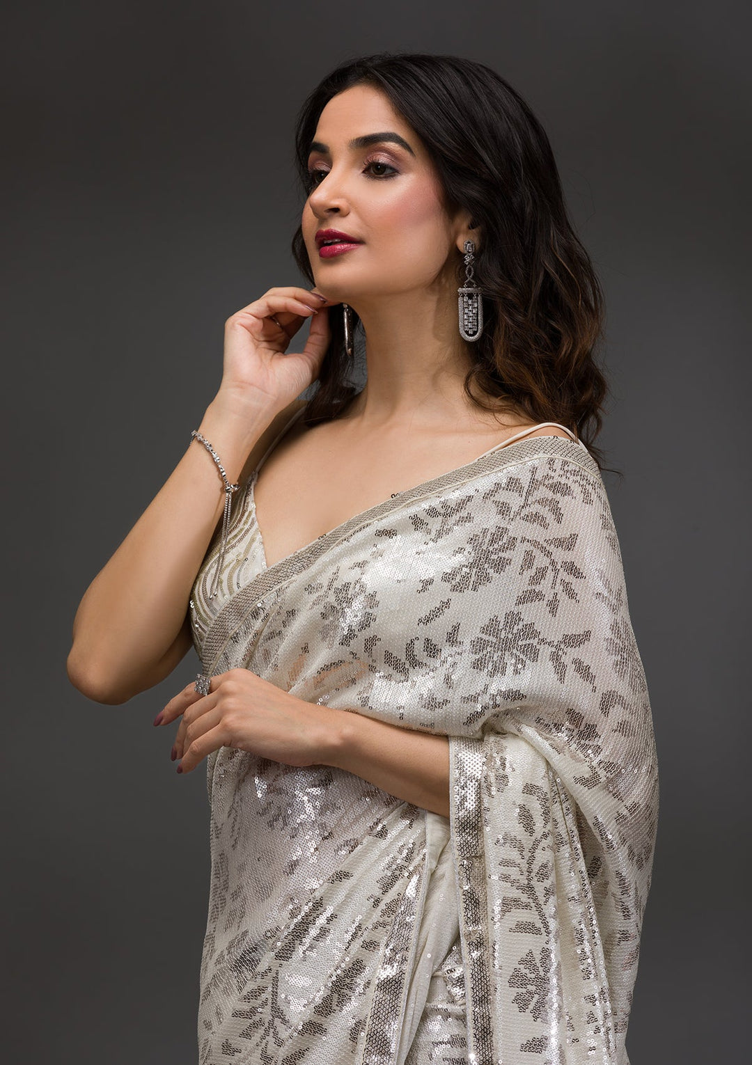Off White Sequins Georgette Saree-Koskii