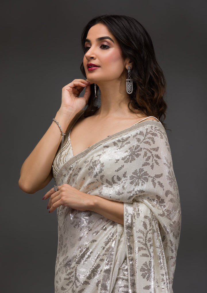 Off White Sequins Georgette Saree-Koskii