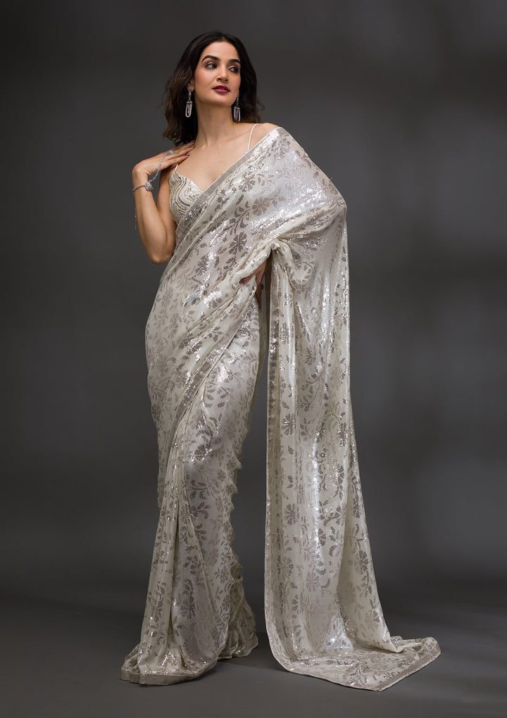 Off White Sequins Georgette Saree-Koskii