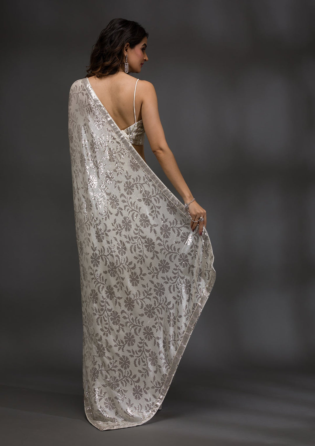 Off White Sequins Georgette Saree-Koskii