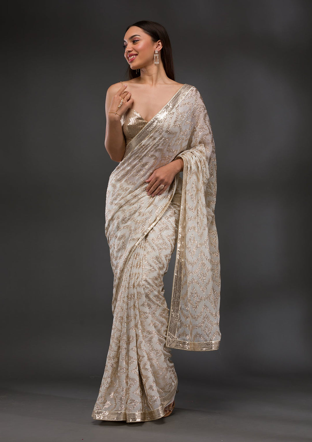 Off White Sequins Georgette Saree-Koskii