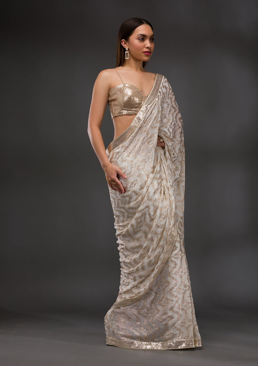 Off White Sequins Georgette Saree-Koskii