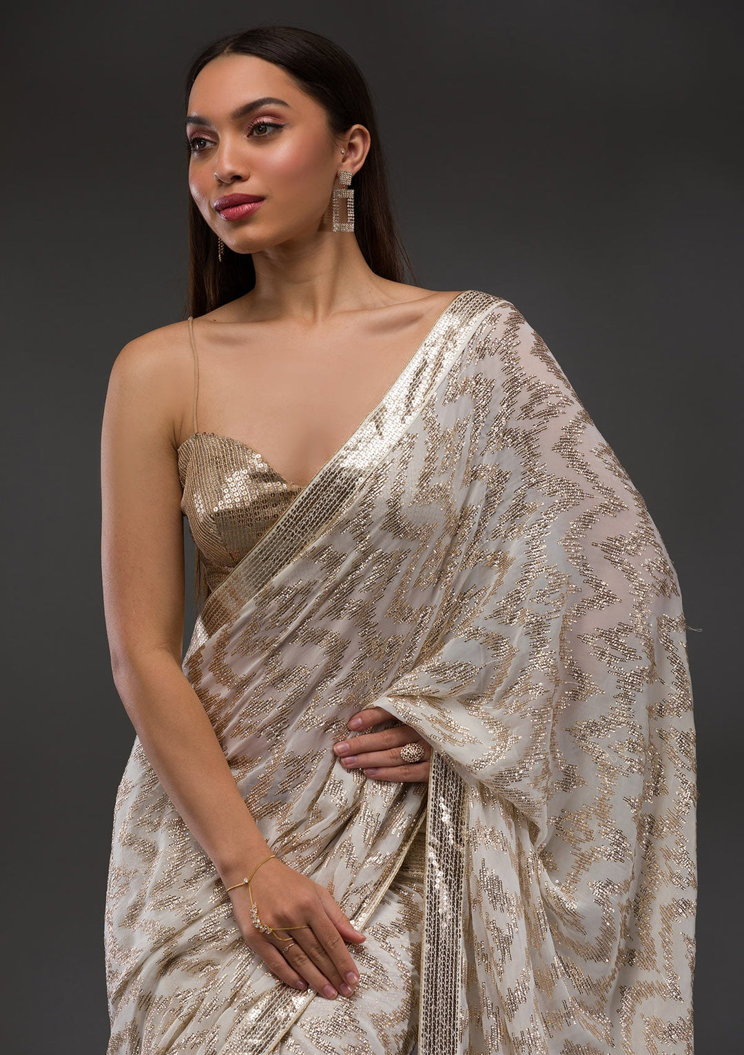 Off White Sequins Georgette Saree-Koskii