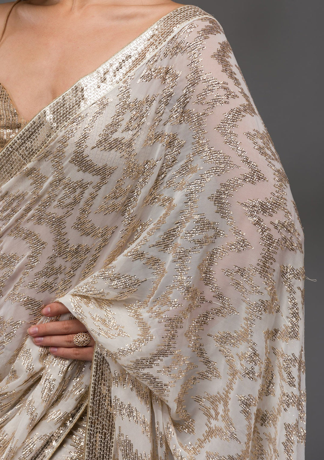 Off White Sequins Georgette Saree-Koskii