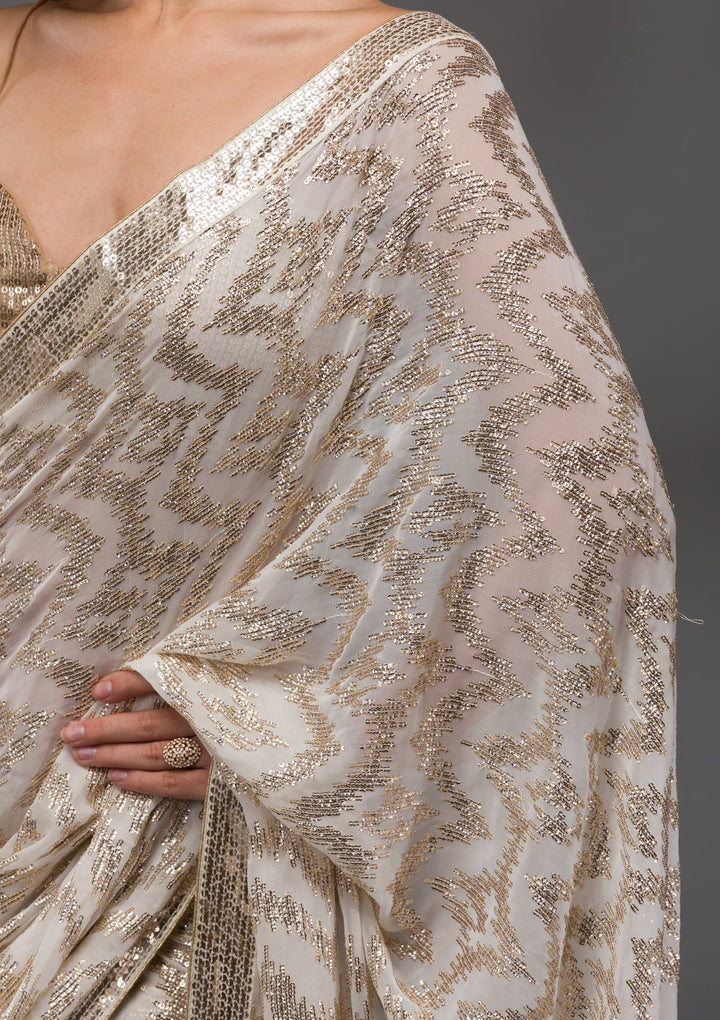 Off White Sequins Georgette Saree-Koskii