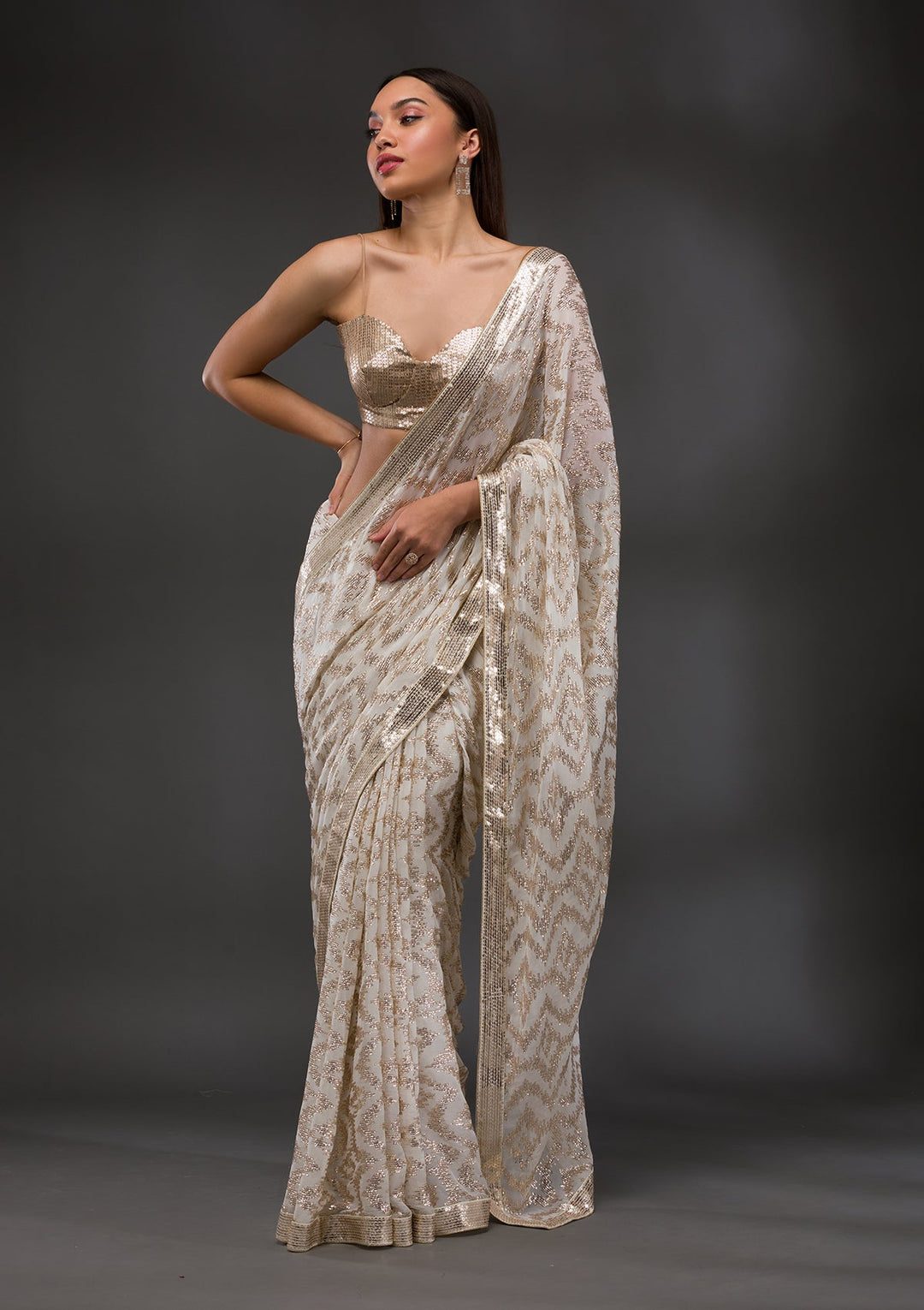 Off White Sequins Georgette Saree-Koskii