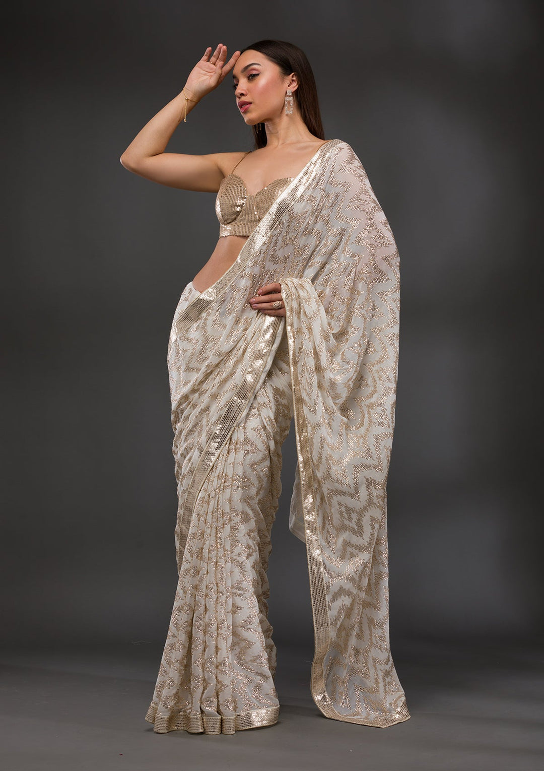 Off White Sequins Georgette Saree-Koskii