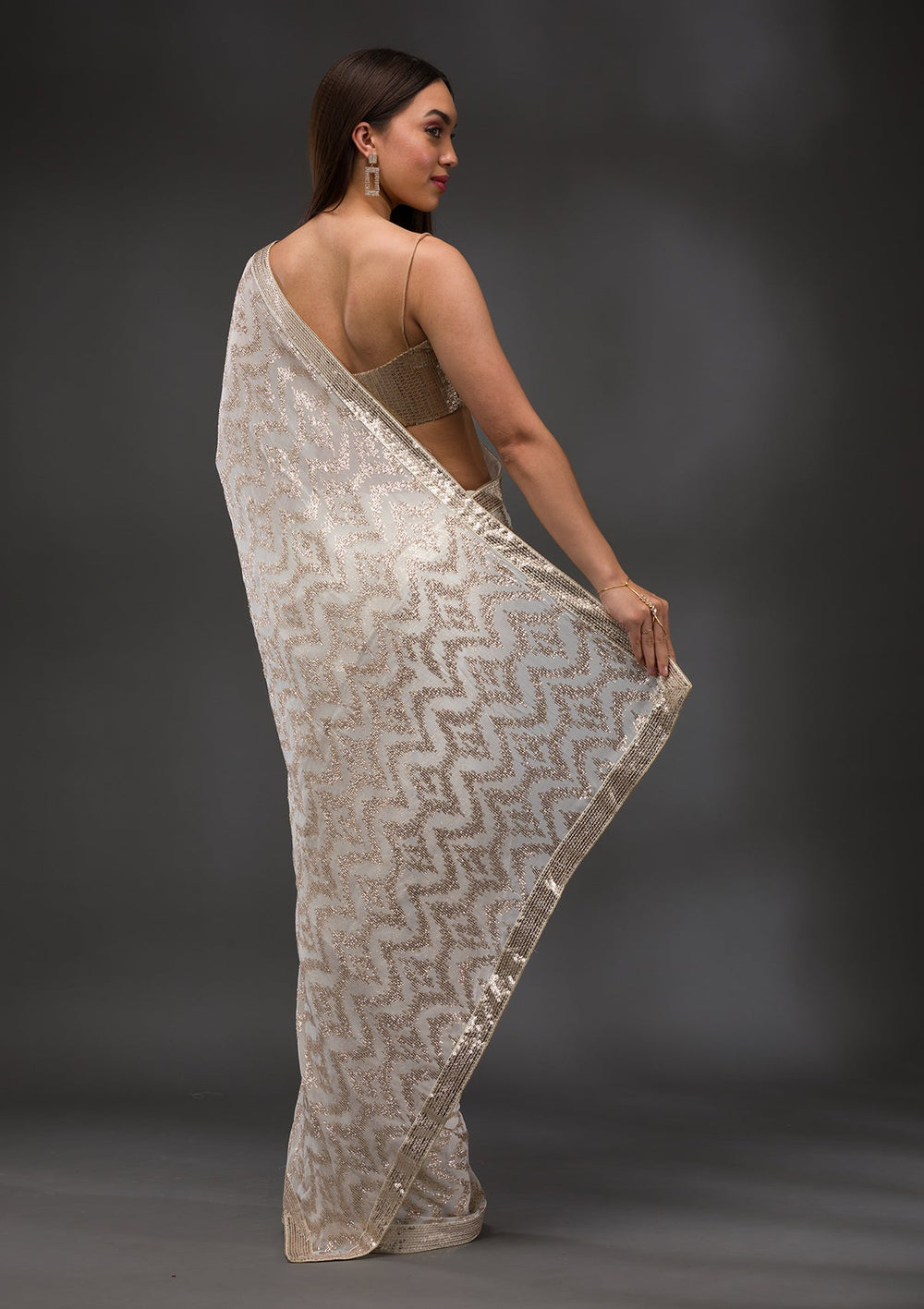 Off White Sequins Georgette Saree-Koskii