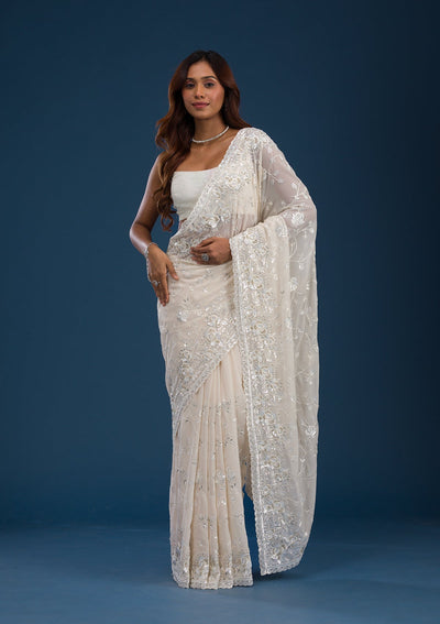 Off White Sequins Georgette Saree-Koskii