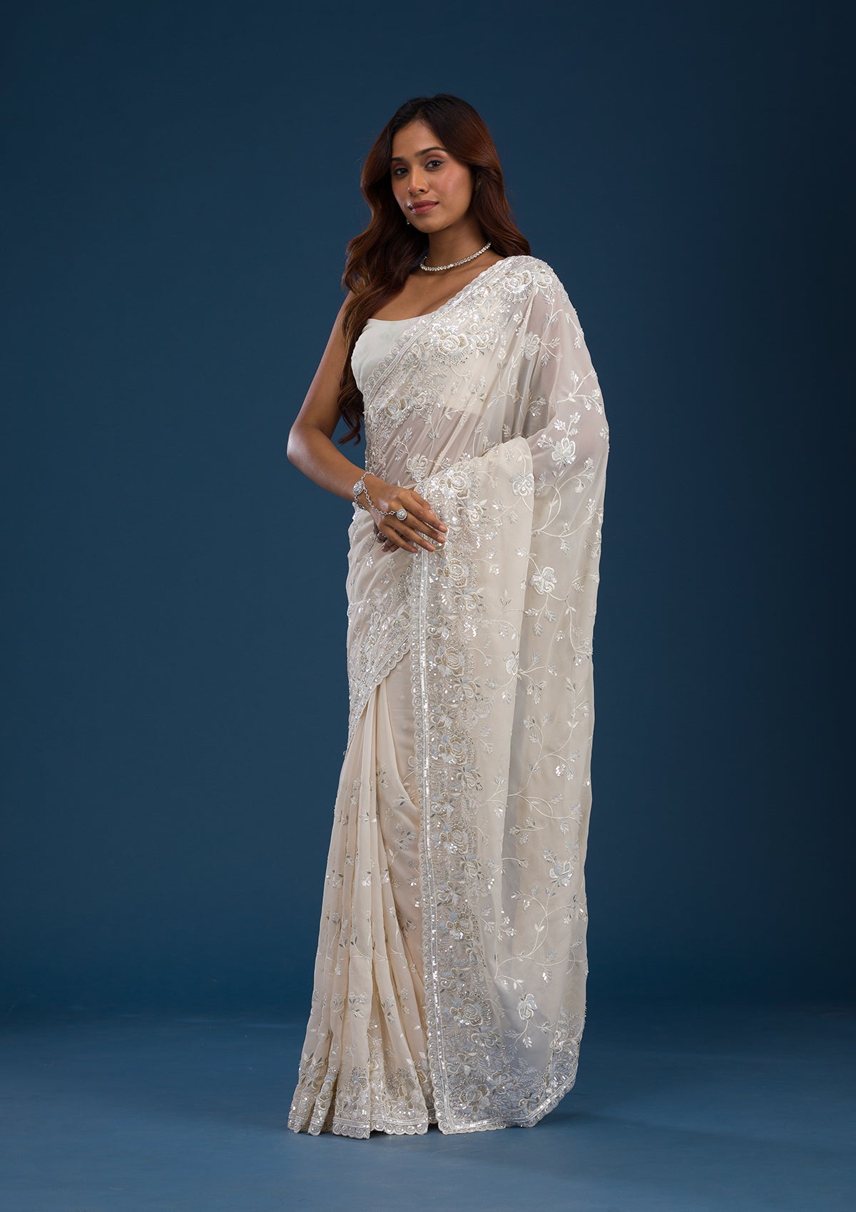 Off White Sequins Georgette Saree-Koskii