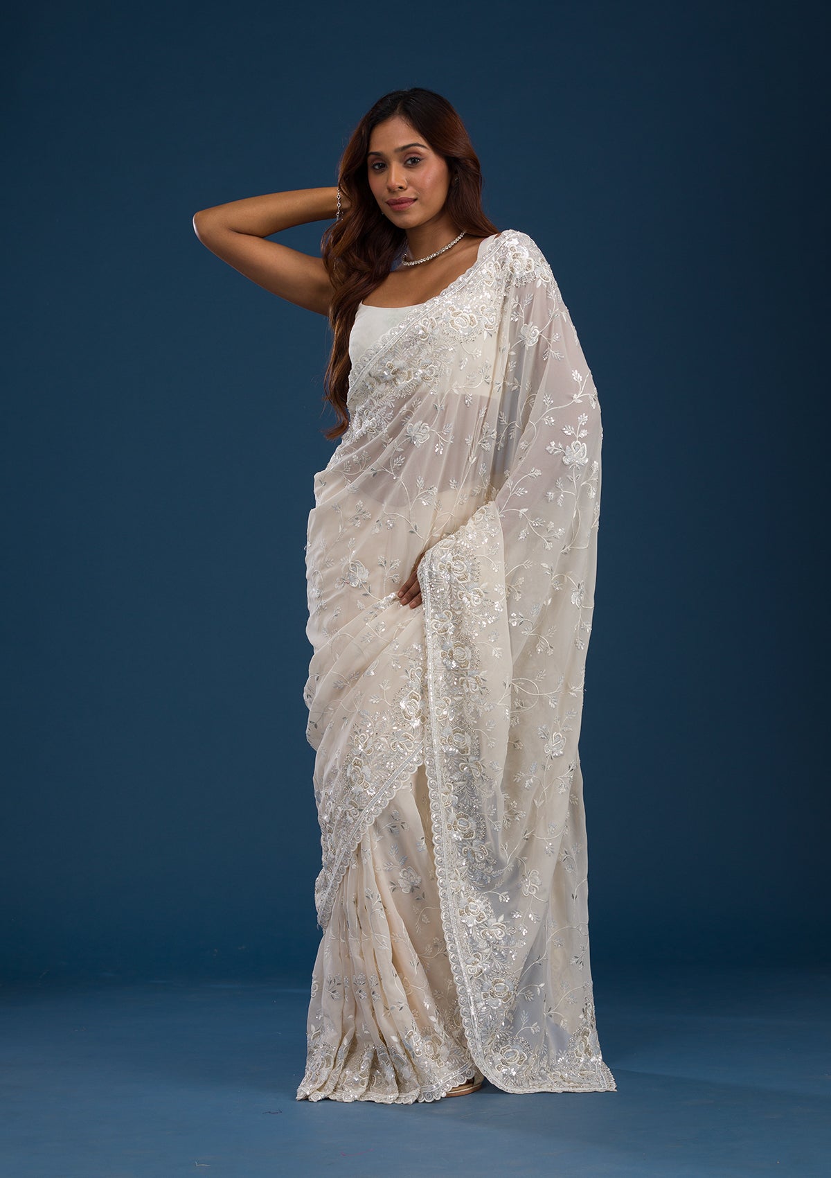 Off White Sequins Georgette Saree-Koskii