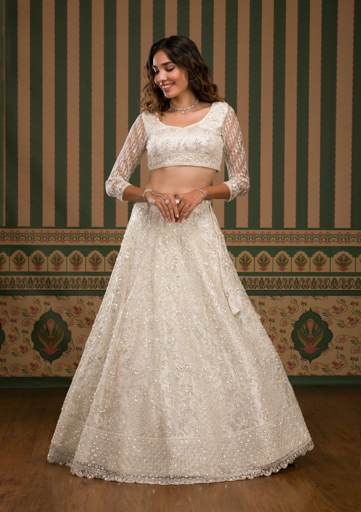 Off White Sequins Net Semi Stitched Lehenga