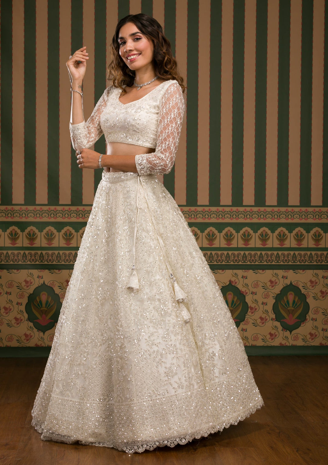 Off White Sequins Net Semi Stitched Lehenga