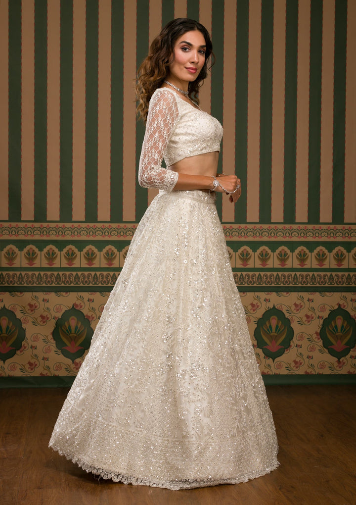 Off White Sequins Net Semi Stitched Lehenga
