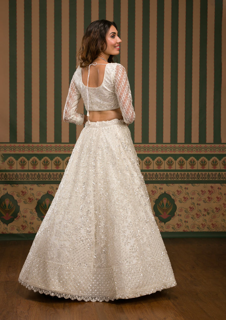 Off White Sequins Net Semi Stitched Lehenga