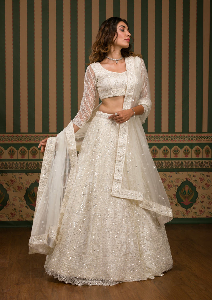 Off White Sequins Net Semi Stitched Lehenga
