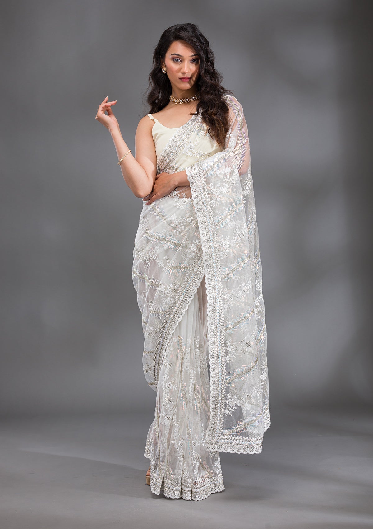 Off White Sequins Net Saree-Koskii