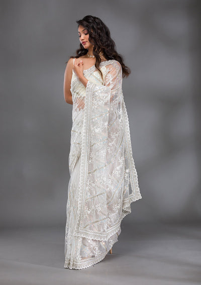 Off White Sequins Net Saree-Koskii