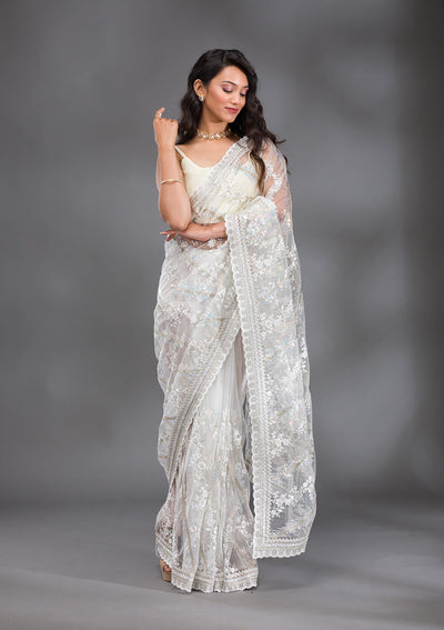 Off White Sequins Net Saree-Koskii