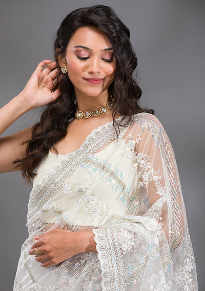 Off White Sequins Net Saree-Koskii