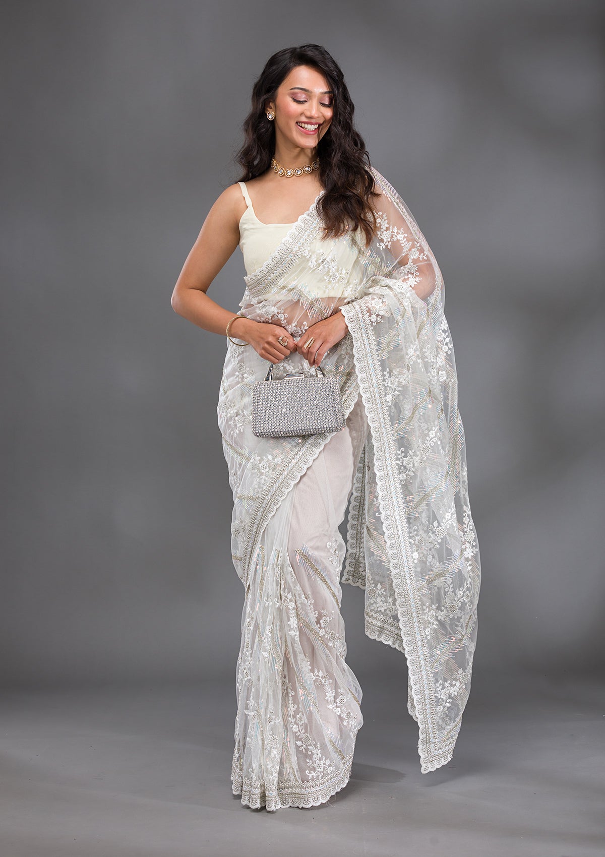 Off White Sequins Net Saree-Koskii