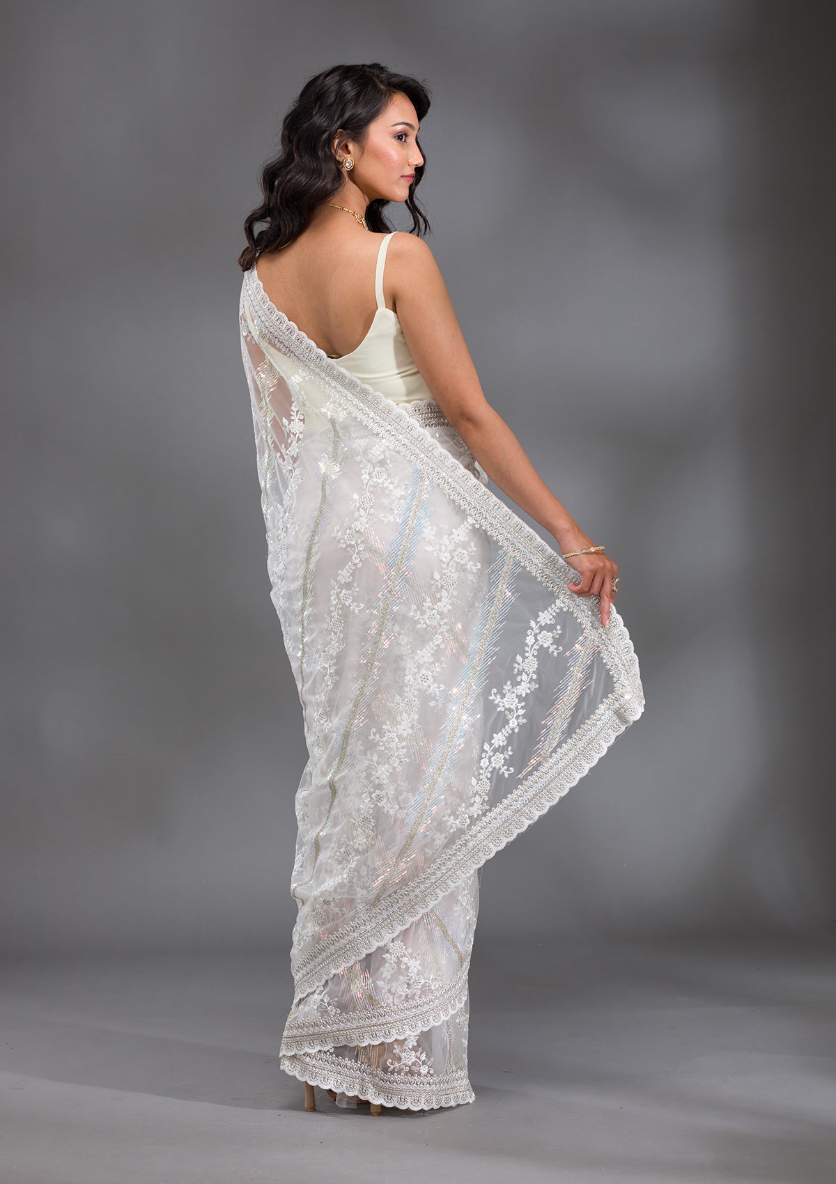 Off White Sequins Net Saree-Koskii