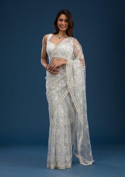 Off White Sequins Net Saree-Koskii