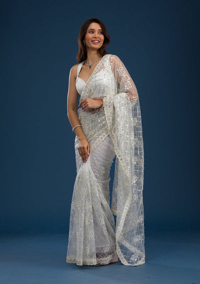 Off White Sequins Net Saree-Koskii