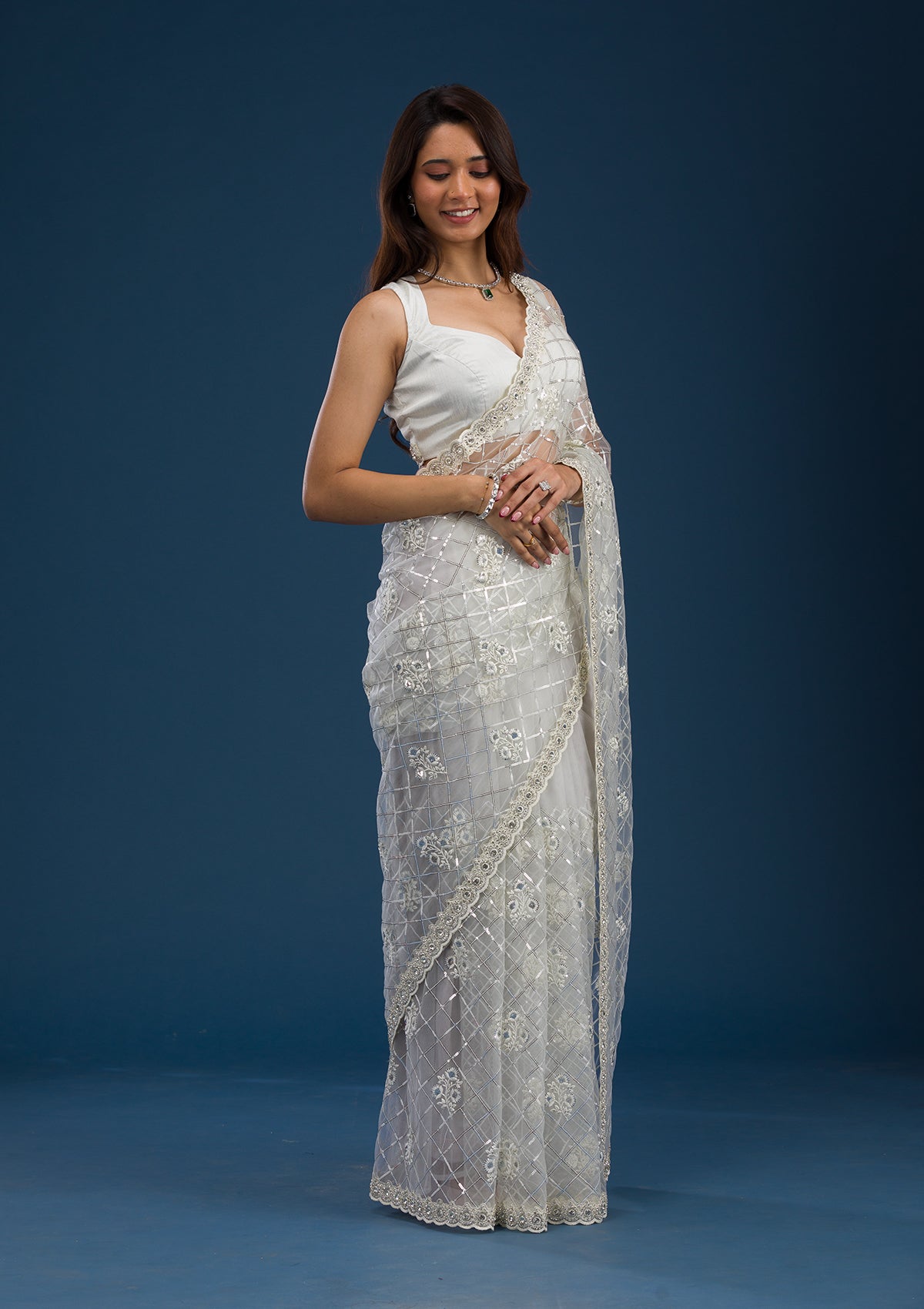 Off White Sequins Net Saree-Koskii