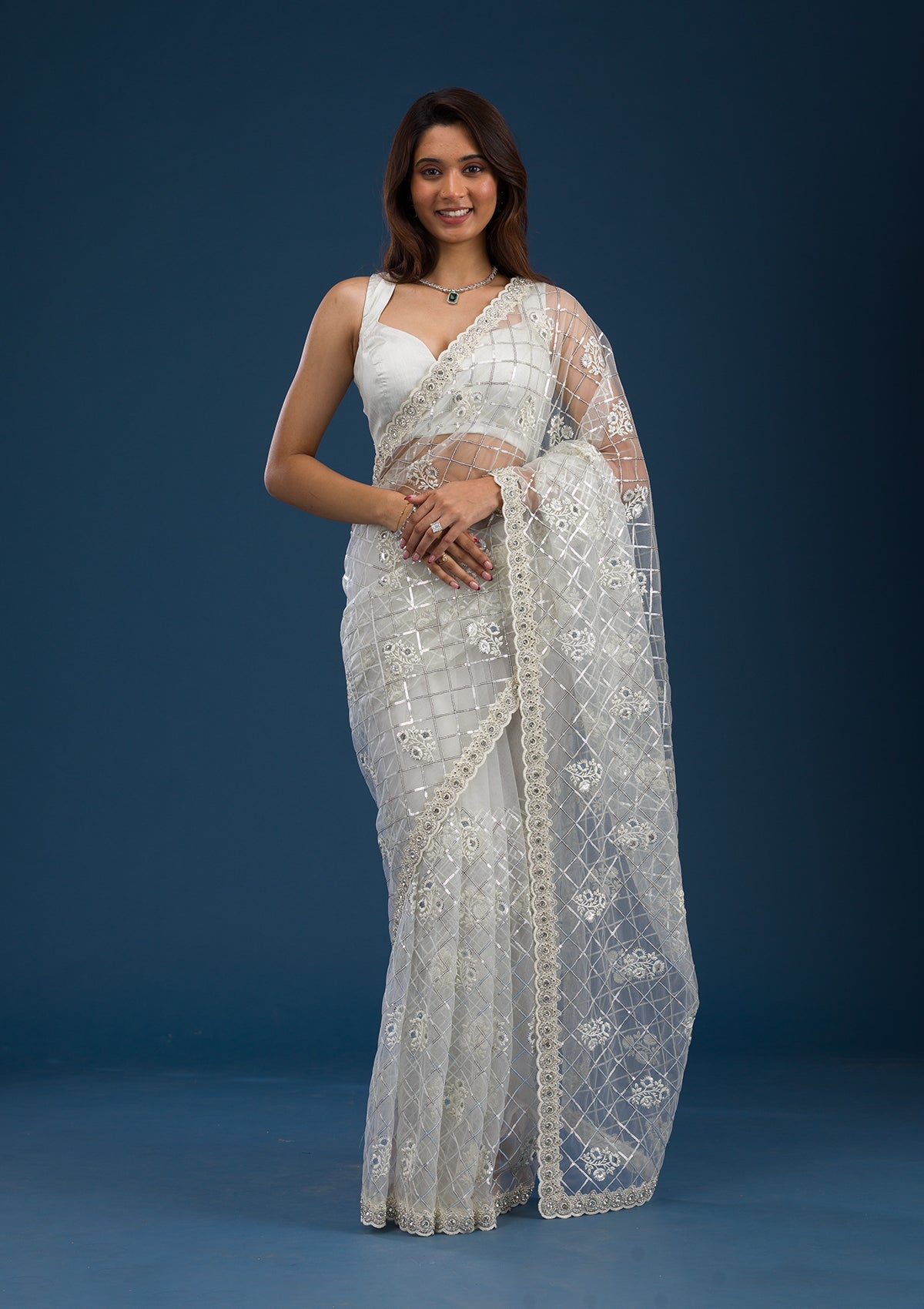 Off White Sequins Net Saree-Koskii