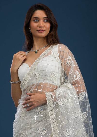 Off White Sequins Net Saree-Koskii