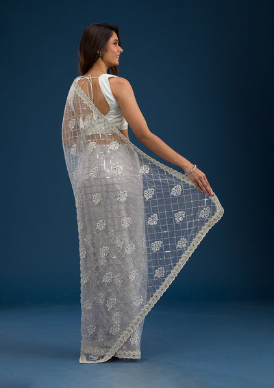 Off White Sequins Net Saree-Koskii