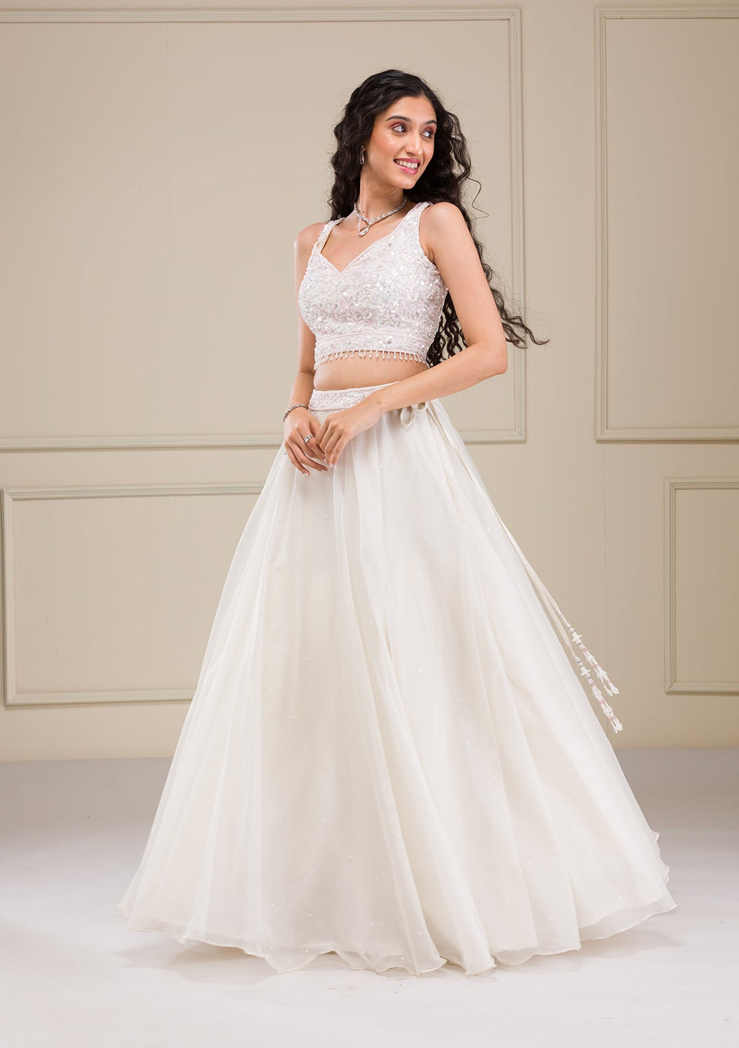 Off White Sequins Organza Readymade Lehenga-Koskii