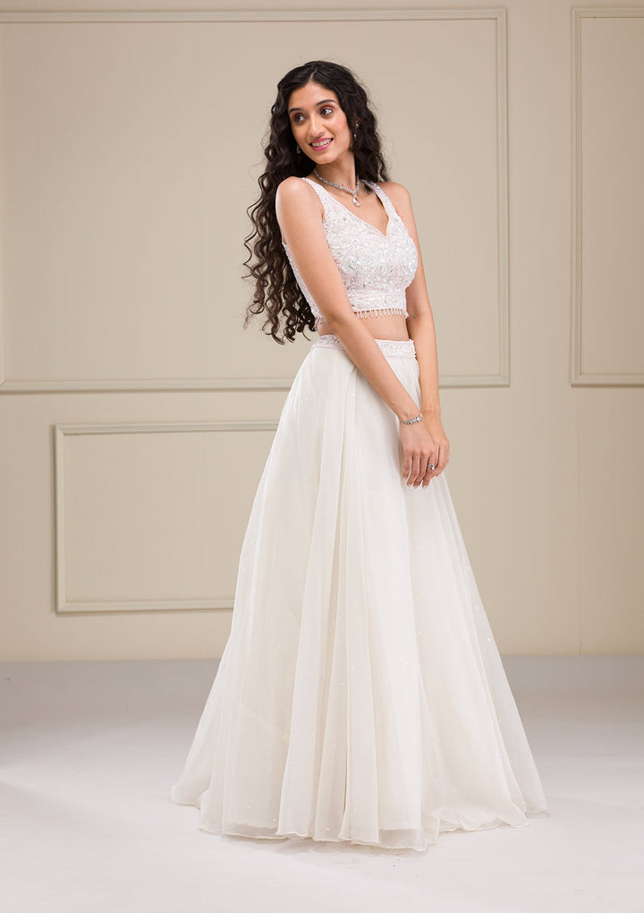 Off White Sequins Organza Readymade Lehenga-Koskii