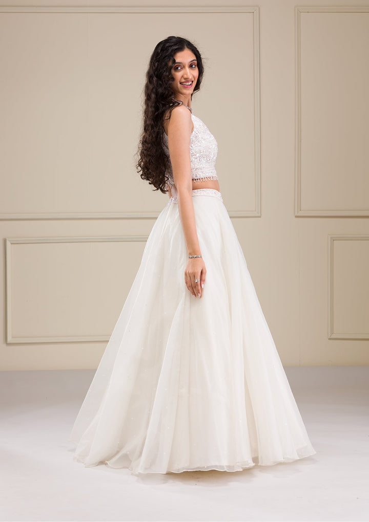 Off White Sequins Organza Readymade Lehenga-Koskii