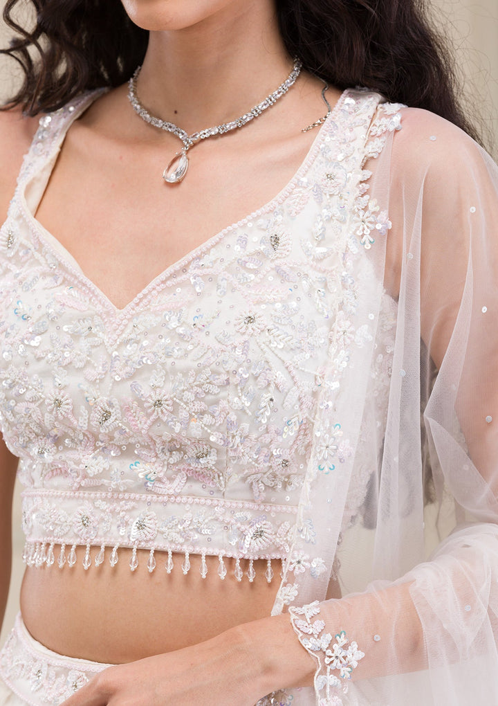 Off White Sequins Organza Readymade Lehenga-Koskii