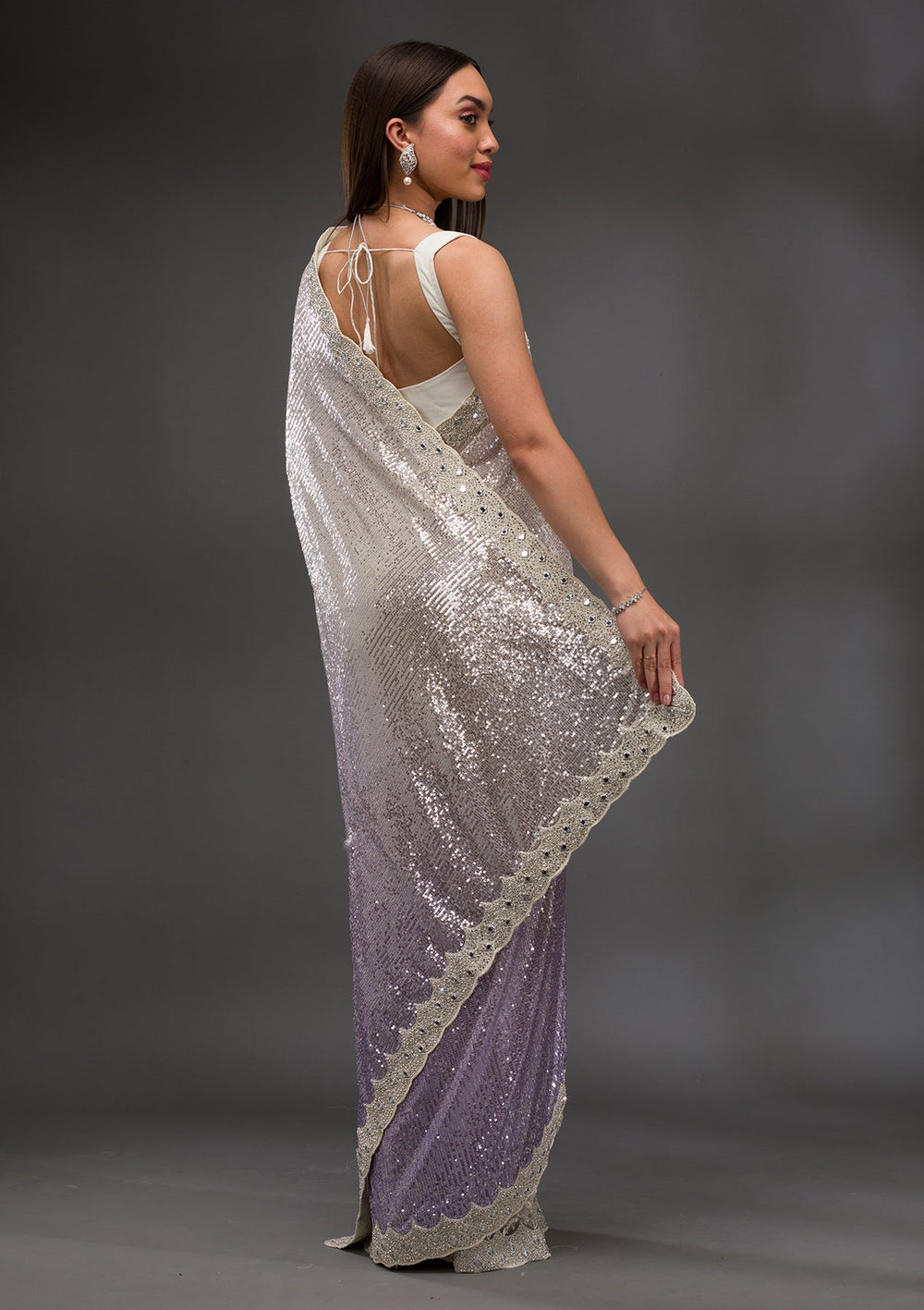 Off White Sequins Shimmer Georgette Saree-Koskii