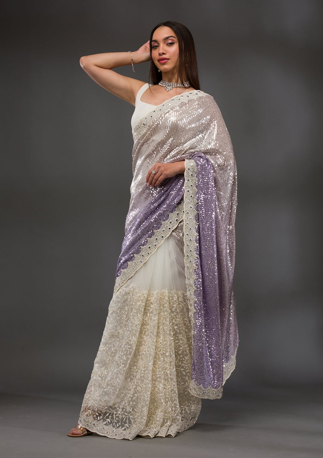 Off White Sequins Shimmer Georgette Saree-Koskii