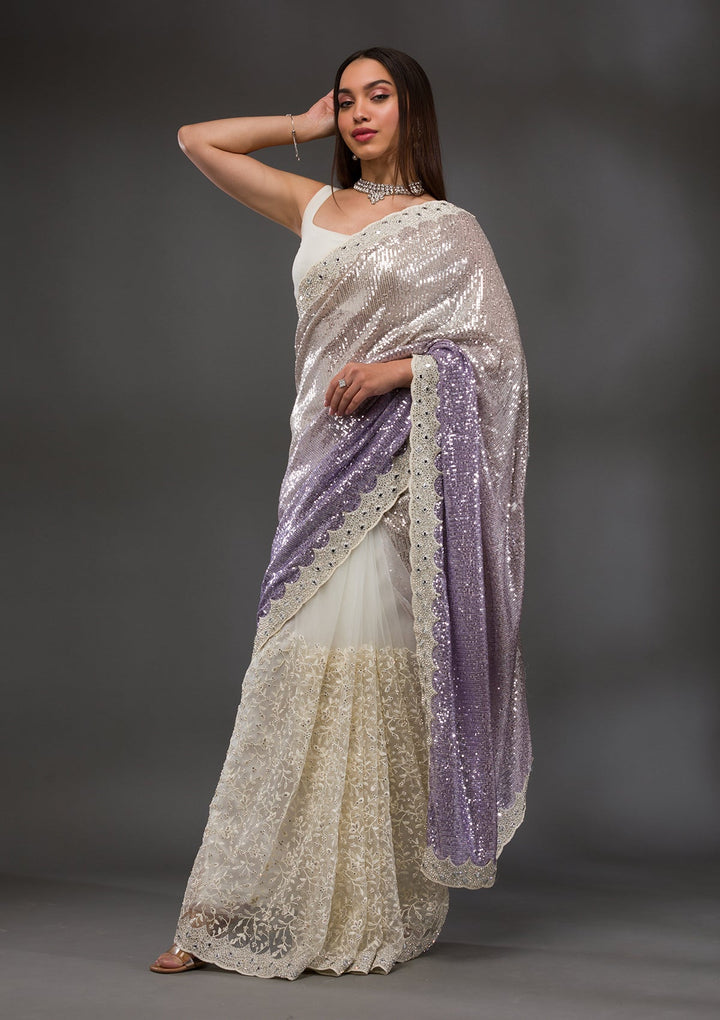 Off White Sequins Shimmer Georgette Saree-Koskii