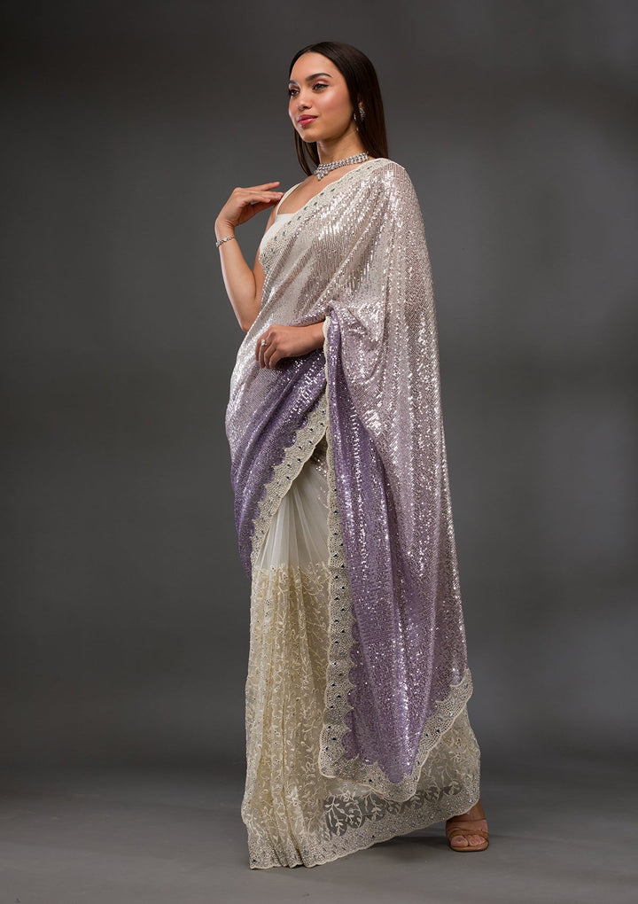 Off White Sequins Shimmer Georgette Saree-Koskii