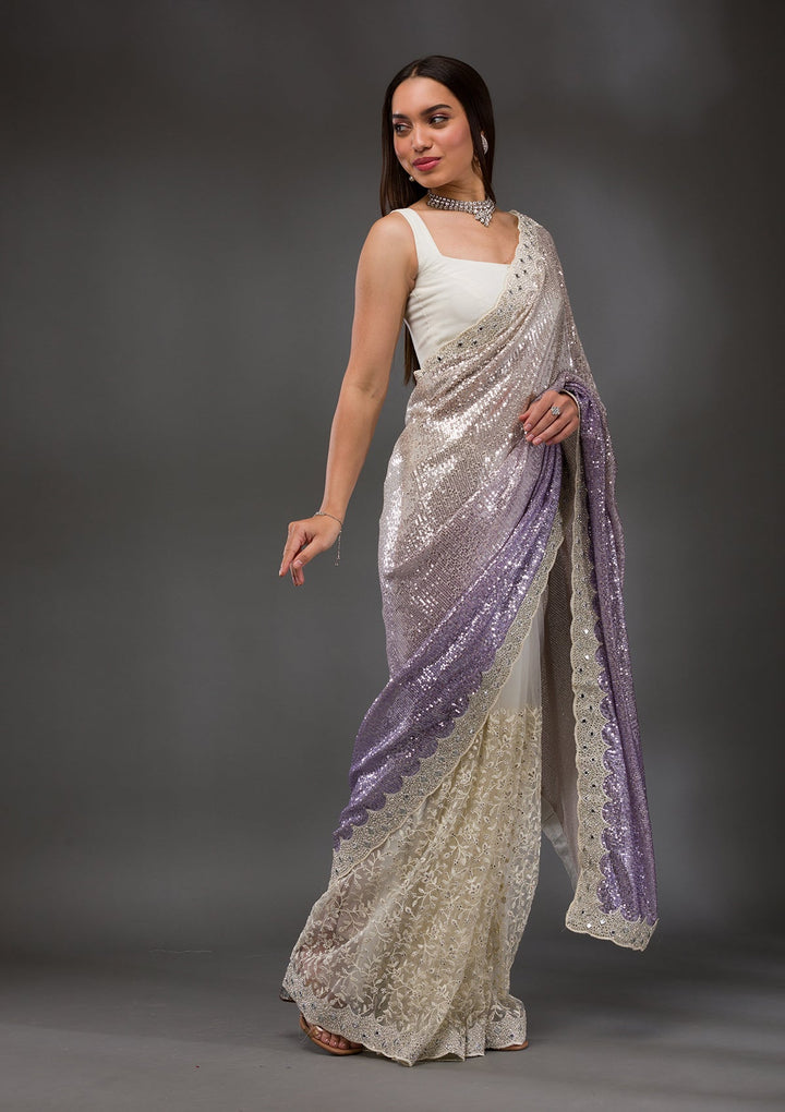 Off White Sequins Shimmer Georgette Saree-Koskii