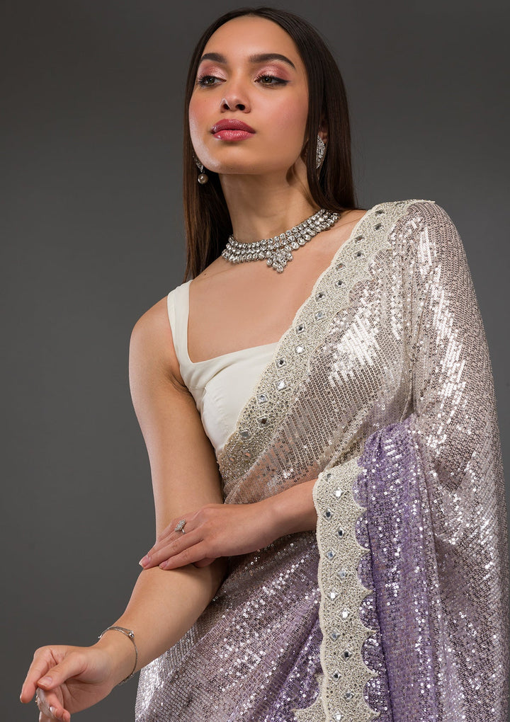 Off White Sequins Shimmer Georgette Saree-Koskii