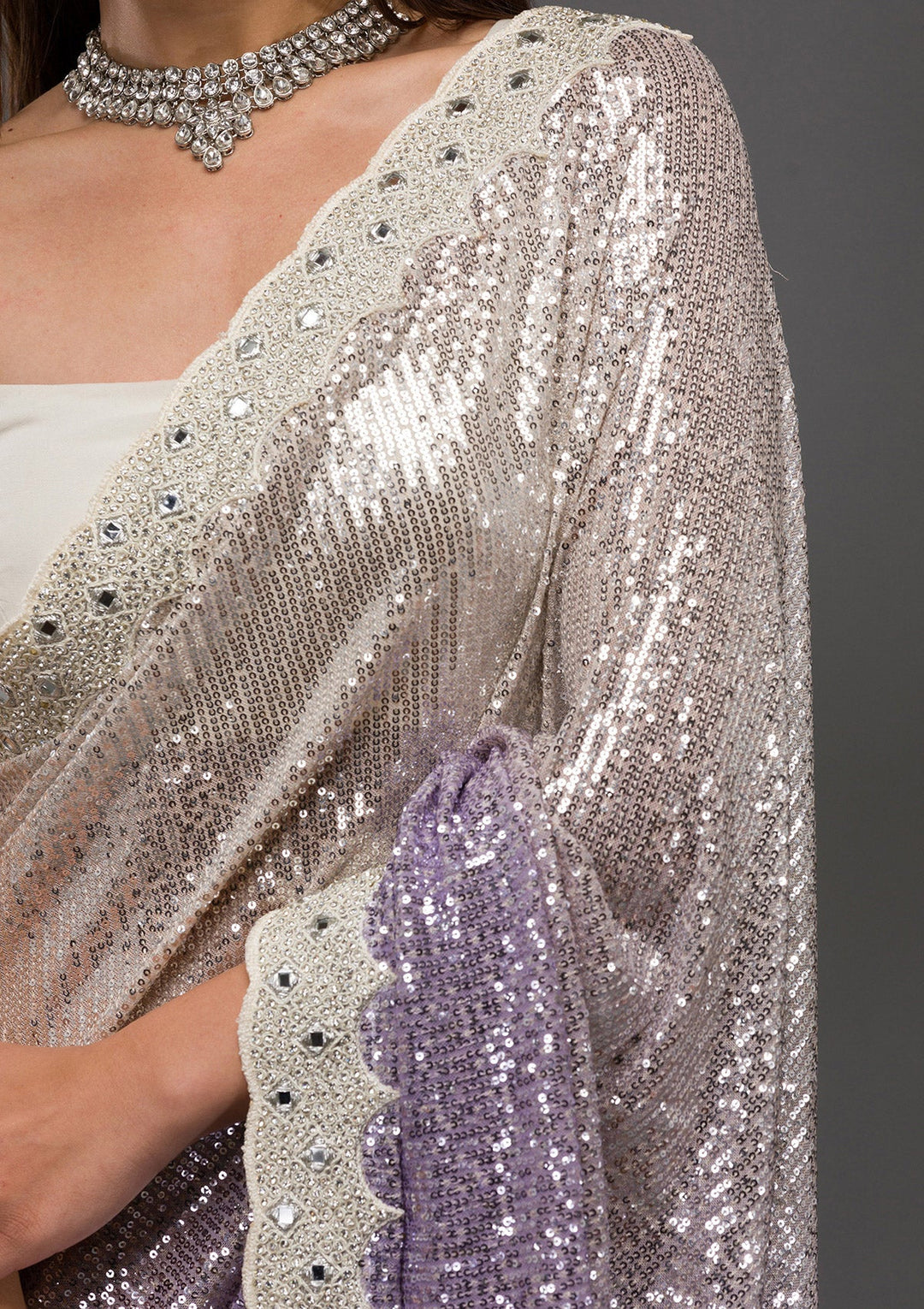 Off White Sequins Shimmer Georgette Saree-Koskii