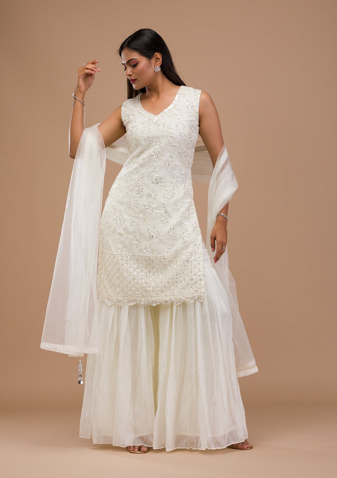 Off White Sequins Tissue Readymade Salwar Suit-Koskii